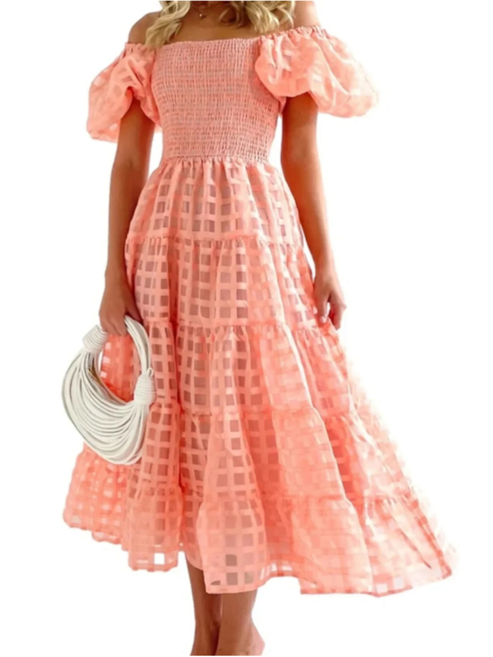 Gingham & Heels Bianna Pink/Coral Puff Sleeve Midi Dress Coquette Cottagecore 10